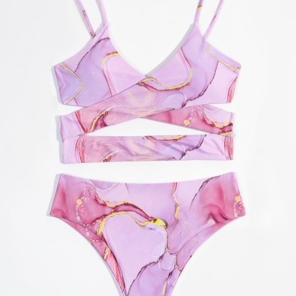 Boho Pink Marbled Cut out Cheeky High Waist Bikini Swim Beach - Picture 4 of 5